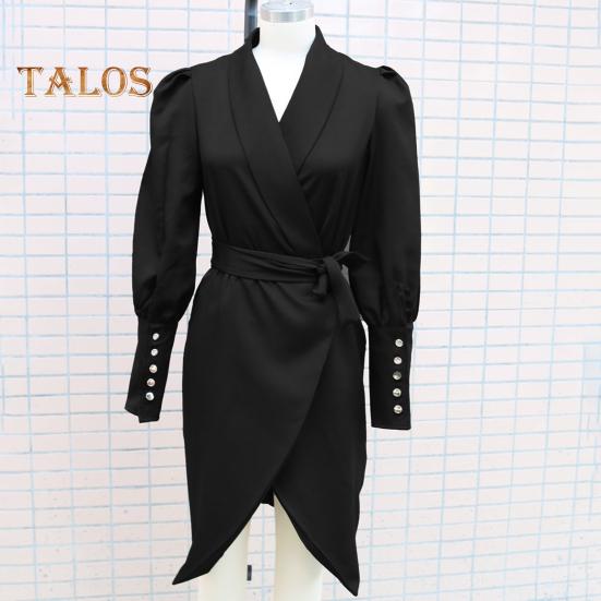 Женское вечернее платье в деловом стиле с отложным воротником, длинным рукавом, однотонное, облегающее, со шнуровкой и перекрестными бретелями, весеннее платье-миди, OL, летнее платье для поездок на работу