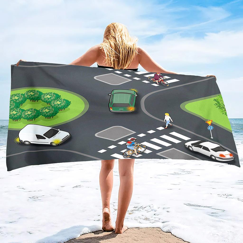 Cartoon Road Traffic Pattern Printing Series Seaside Vacation Beach Towel Swimming Bath Towel