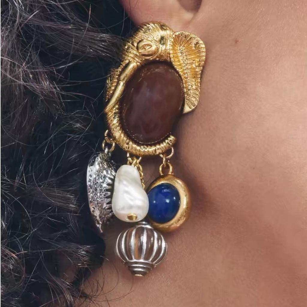 Осенне-зимние ретро-серьги высокого класса с имитацией жемчуга, драгоценными камнями, животными, металлическими подвесками в виде слона, креативный универсальный стиль