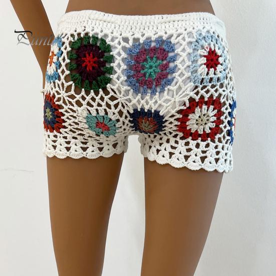 Женские вязаные крючком пляжные шорты с цветным принтом, супер короткие шорты с эластичной резинкой на талии и высокой талией, облегающие шорты бикини для отпуска