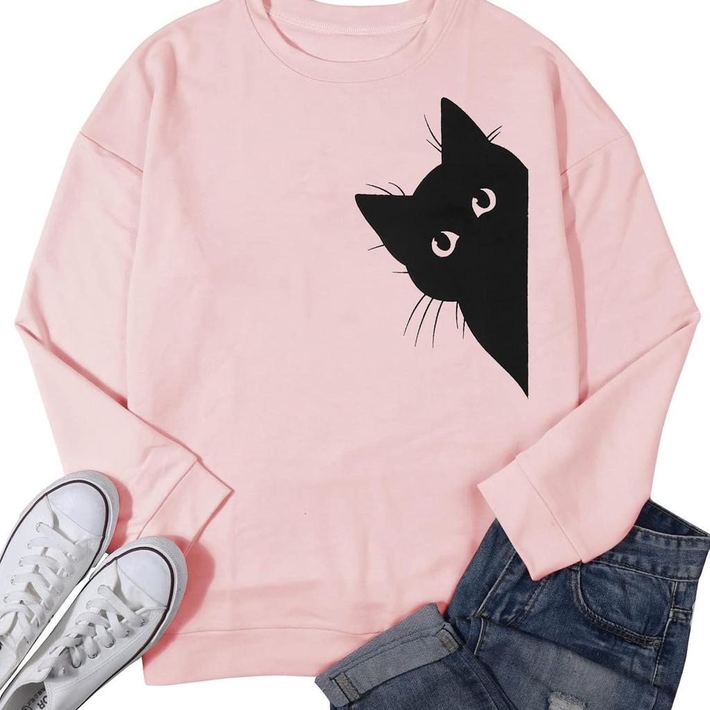 2025 Новые женские топы с круглым вырезом и длинным рукавом, однотонные, с принтом котят, повседневный пуловер-джокер