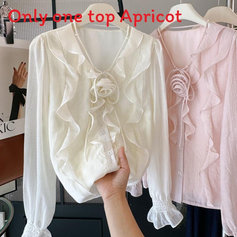 Romantic Korean Style V Neck Long Sleeve Shirt With Ruffle Tie Detail For Casual Wear