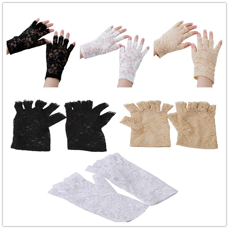 Гот вечерние сексуальные нарядные женские кружевные перчатки варежки без пальцев черный, белый, бежевый