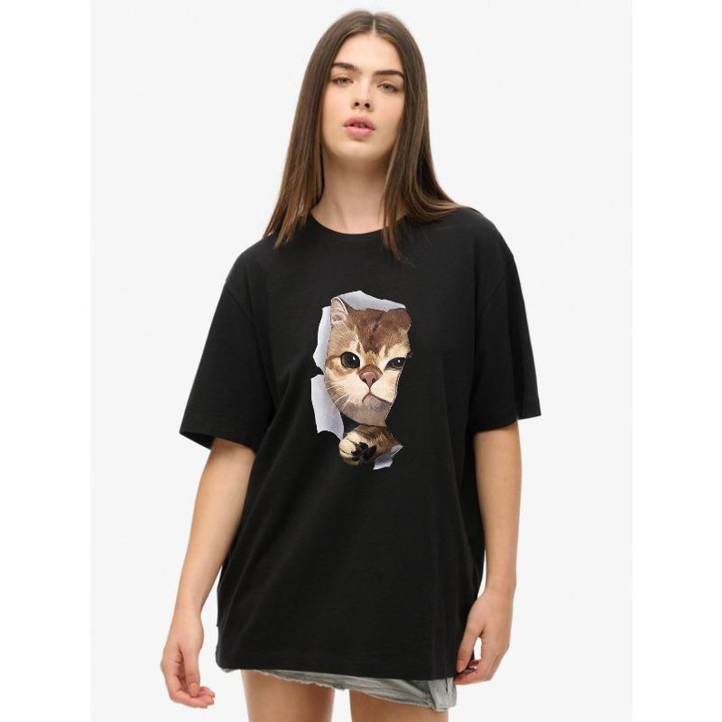 Oversized T Shirt Black Cat Face Print And Paw Design Casual Wear For Women