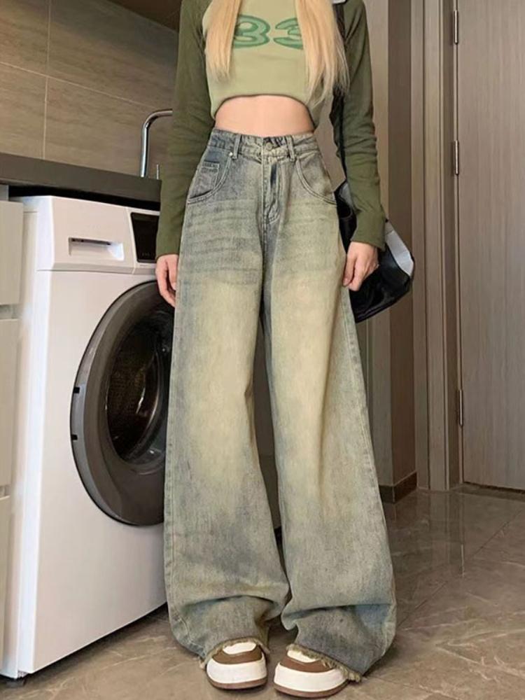 Y2K Vintage Streetwear Denim Trousers Woman Korean Fashion High Waist Straight Jeans Female Spring Elegant 2000s Casual Baggy Pants