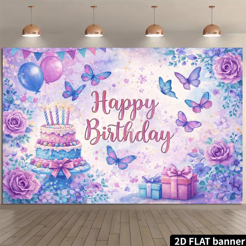 2D Cute Watercolor Butterfly Happy Birthday Backdrop Banner Party Decoration