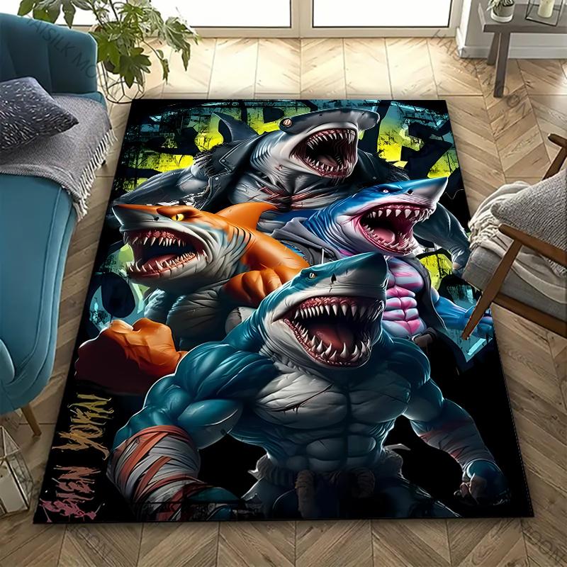 3D Shark Theme Printed Carpet Edgy Nautical Horror Statement Rug for Living Rooms Bedrooms, Office Areas, Durable Washable Mats