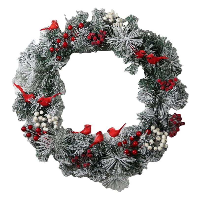 Handmade American Style Christmas Wreath With Red Cardinal Flocked Pine Needles Berries Front Door Wall Decor