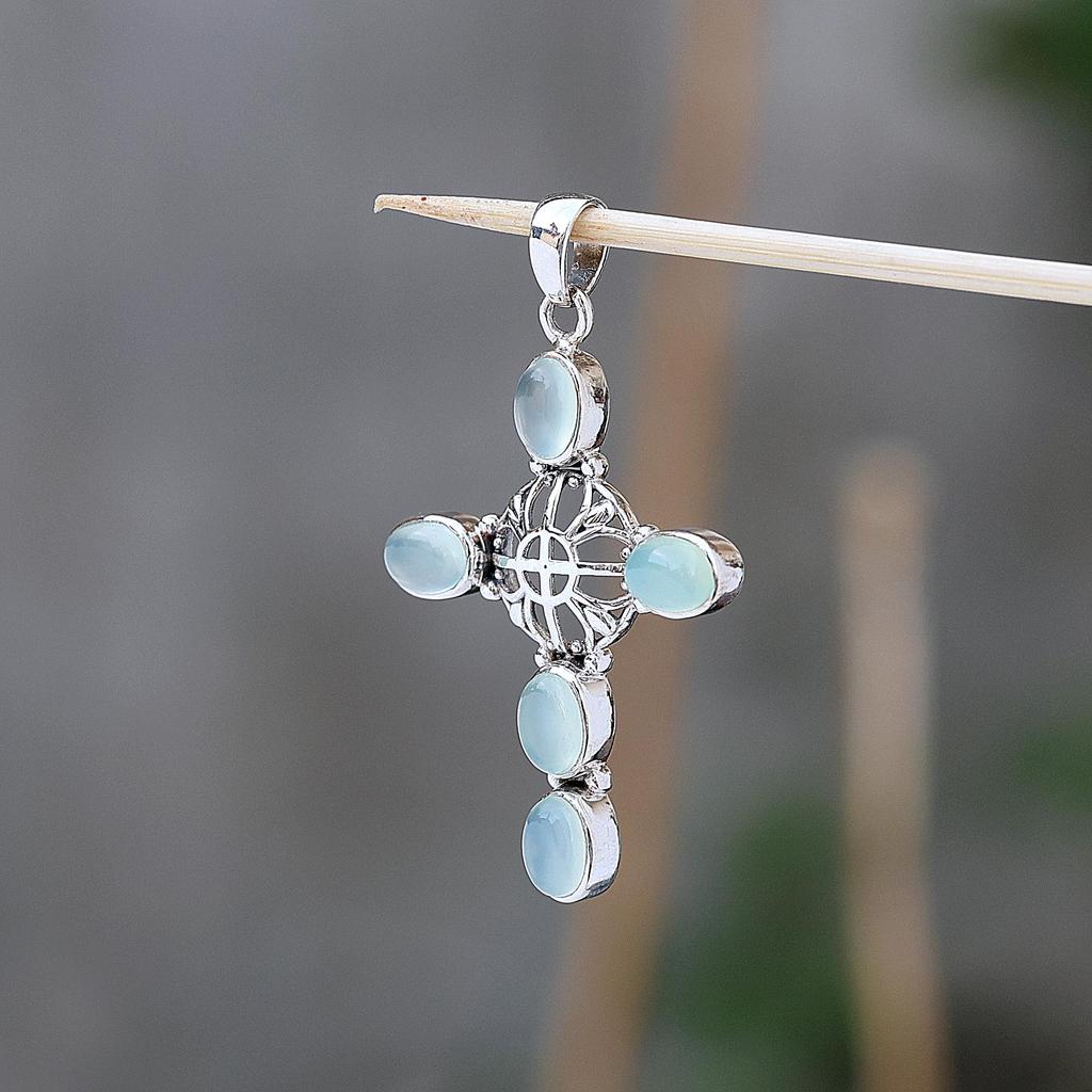 Подвеска-крест с аквамарином, 100% серебро 925 пробы, ювелирное изделие ручной работы