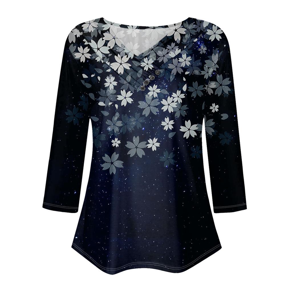 Womens 3/4 Sleeve Daily Weekend V Neck Casual Printed Tshirts Loose Fit Pleated Tees Ladies Blouse