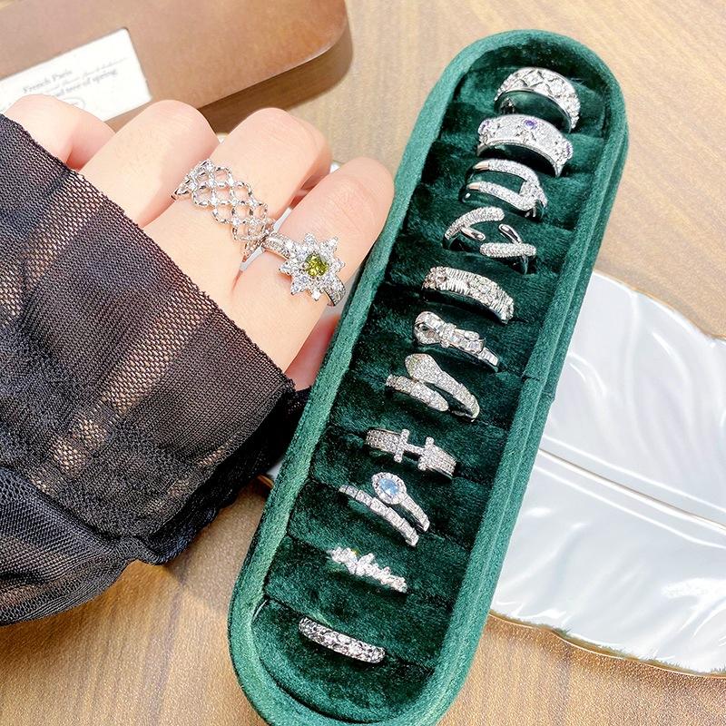 Sweet Light Luxury Zircon Super Flash Exquisite Open Ring Niche High-End Sense Stacking Wearing Colored Treasure Ring Women'S Model