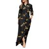 Lady Dress Dress Lapel Long Sleeve Pocket Plus Size Single Breasted Maxi Dress Sexy Leopard Geometric Patchwork Print Dress