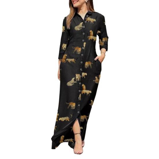 Lady Dress Dress Lapel Long Sleeve Pocket Plus Size Single Breasted Maxi Dress Sexy Leopard Geometric Patchwork Print Dress