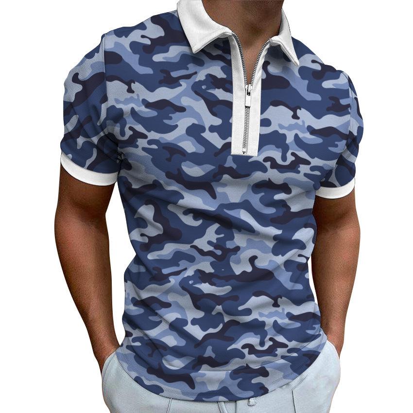 Zip-up short-sleeve polo shirt, stylish camo, casual and versatile for daily wear.