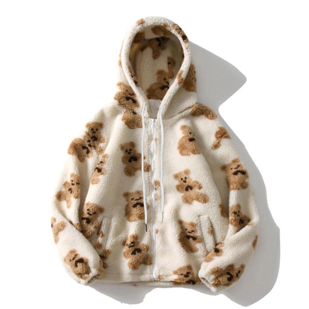 Autumn Winter Women's Hooded Plush Bear Printed Cartoon Sweater Women's Winter Warm Jacket Fleece Jacket