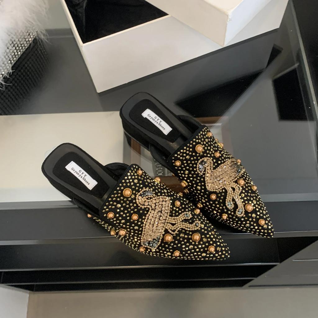 Осенние модные женские тапочки на среднем каблуке с острым носком, замшевые, со стразами, заклепками, тапочки на толстом каблуке, верхняя обувь