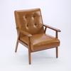 Genuine Leather Lounge Chair with Walnut-Colored Armrests & Rubberwood Legs – Comfortable Living Room Chair in Light Brown