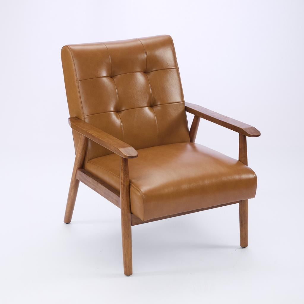 Genuine Leather Lounge Chair with Walnut-Colored Armrests & Rubberwood Legs – Comfortable Living Room Chair in Light Brown