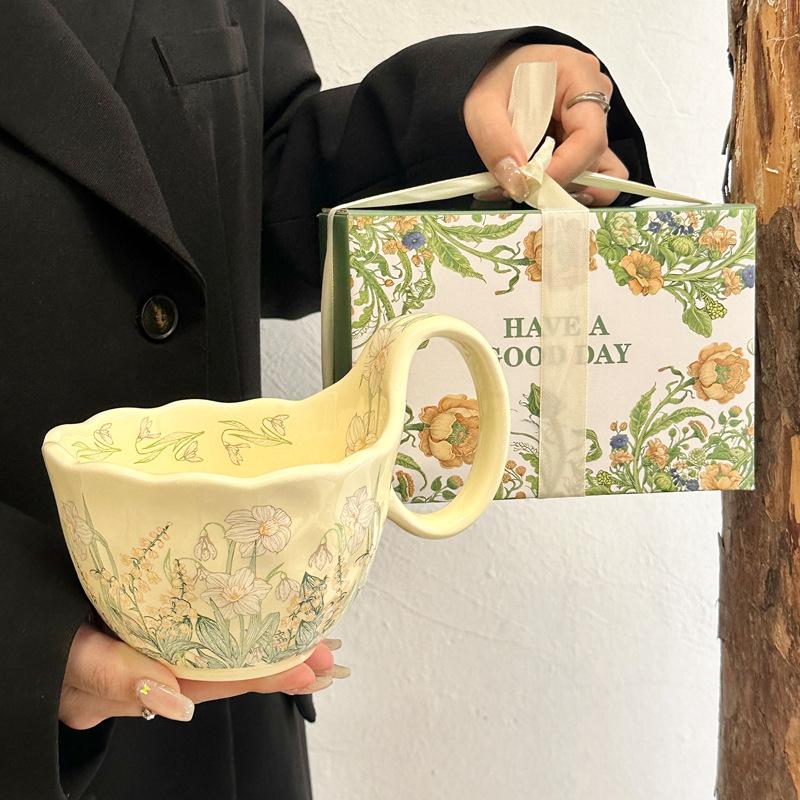 Flowering Song Handle Cup Retro Ceramic Mug Breakfast Oat Cup Afternoon Tea Coffee Cup Souvenir Birthday Gift