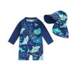 Toddler Boy Rash Guard Swimsuit with Hat 2 Pcs Set Fish Shark Pattern Zip Up Long Sleeve Crew Neck Baby Boy Swimwears
