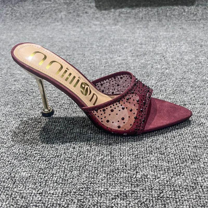 Летние женские тапочки, сексуальные, с острым носком, со стразами, сетка, женские туфли на высоком каблуке, женские туфли для вечеринки, свадьбы, невесты