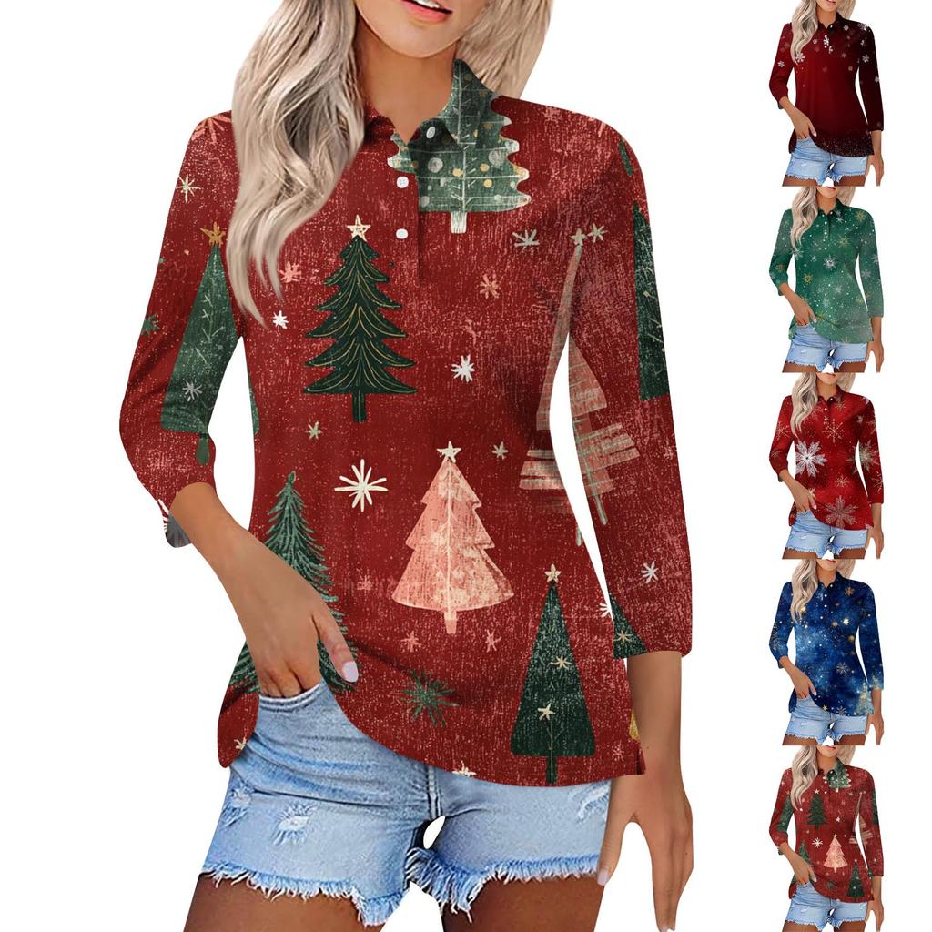 Women's Fashion Casual Lapel Short 3/4 Sleeve Christmas Print Shirt Women's Button Up Tops