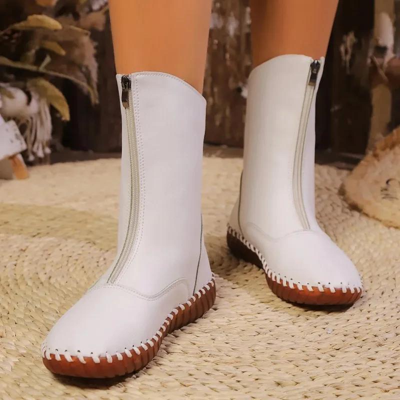 Женские зимние ботинки 2024 года, повседневные ботинки на молнии до середины голени, женская модная обувь из искусственной кожи, женские уличные короткие плюшевые теплые женские ботинки