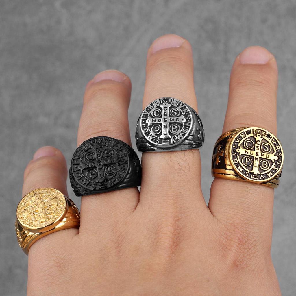 Saint Benedict Cspb Золото Черный Крест Мужские Кольца Панк Хип-Хоп для Парня Мужской Ювелирные Изделия Из Нержавеющей Стали Креативный Подарок Оптовая Продажа