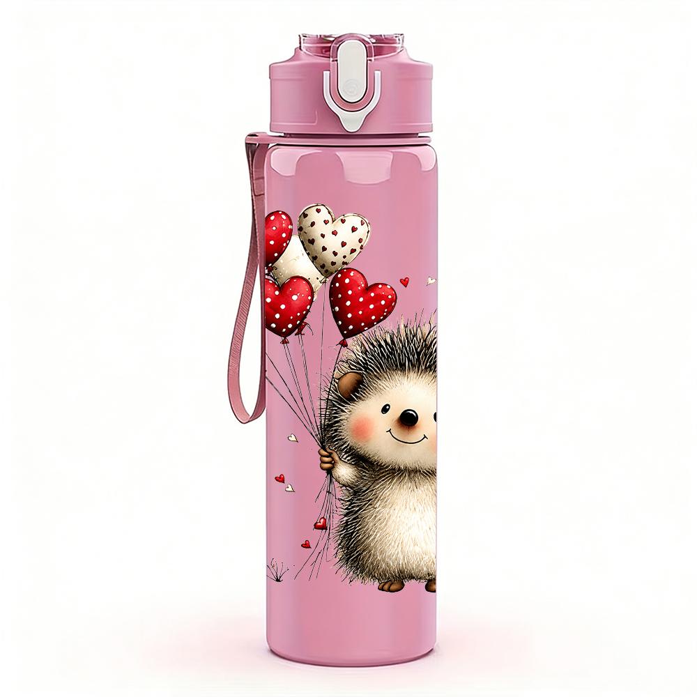 1PC Hedgehog Heart Balloon Graphic,750ml Color Plastic Sports Water Bottle,Leakproof Flip Straw Lid,Suitable for Sports Office Home Use