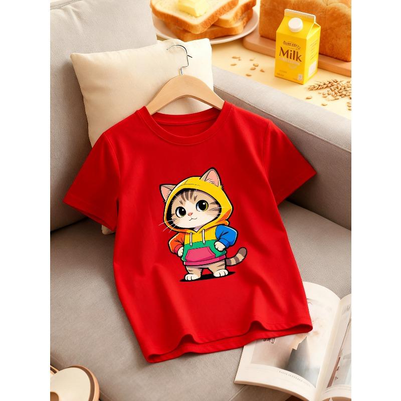Европейские размеры Милая футболка-худи с коротким рукавом для девочек с принтом кота, идеально подходит для весны и лета