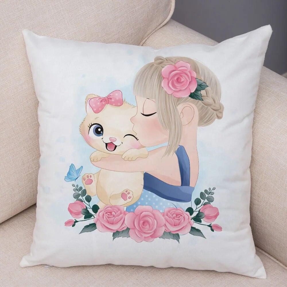 Children's Room Sofa Home Pillowcase Cute Cartoon Girl and Cat  Decoration  Animal Cushion Cover