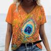 Fashion V-neck Women T-Shirt 3D Peacock Feather Graphic Short Sleeve Tees Oversized Y2k Tops Summer Street Casual Female T Shirt