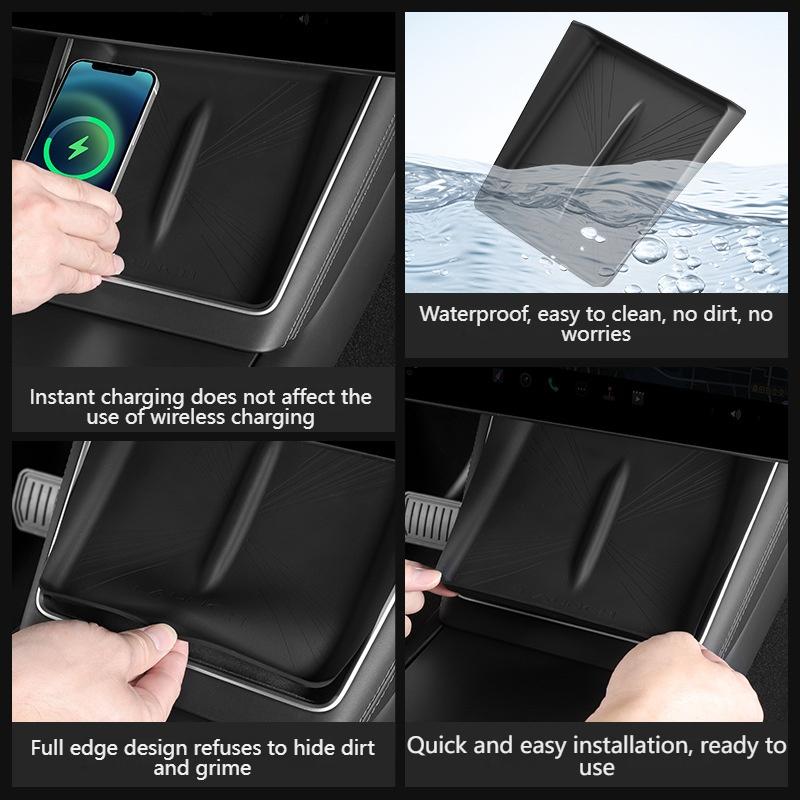 For Tesla Model Y 2025 Juniper Wireless Charge Pad Center Console Organizer Charge Station Mats Silicone Protector Anti-skid Pad