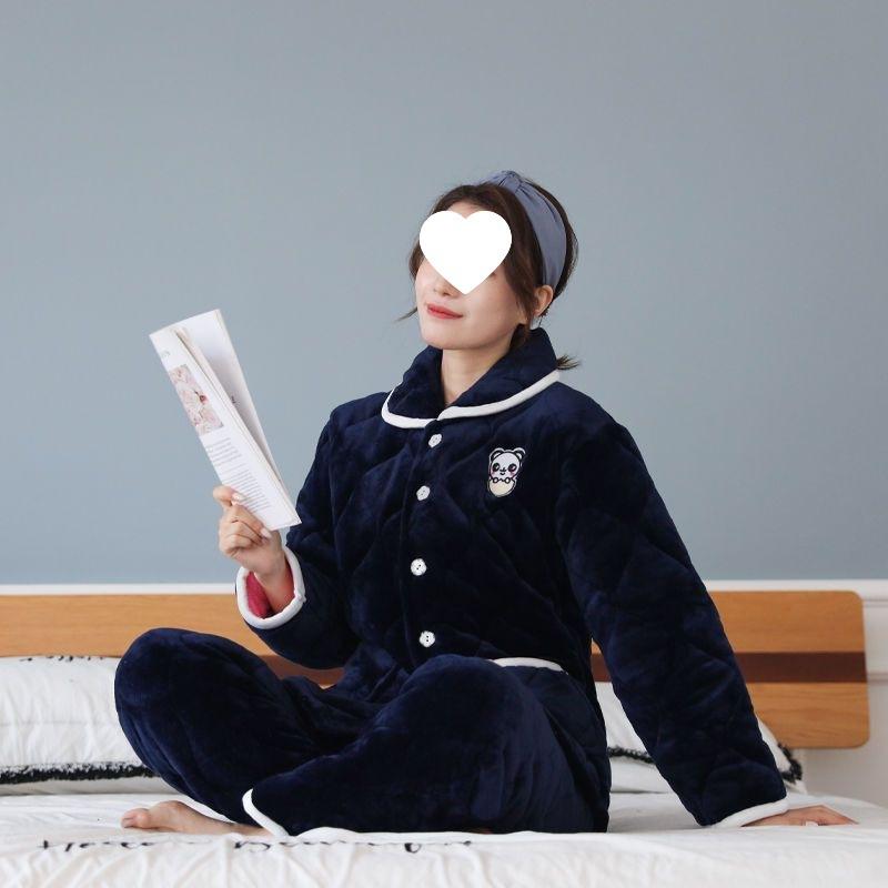 Пижама женская трехслойная утолщенная и милая зимняя можно носить больших размеров теплая стеганая домашняя одежда