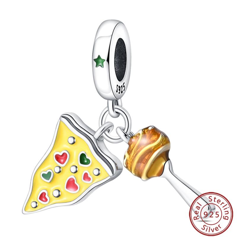 Dessert Afternoon Tea Series 925 Silver Coffee Cake Pizza Fries Sweet Charms Beads 3mm DIY Fine Jewelry Making