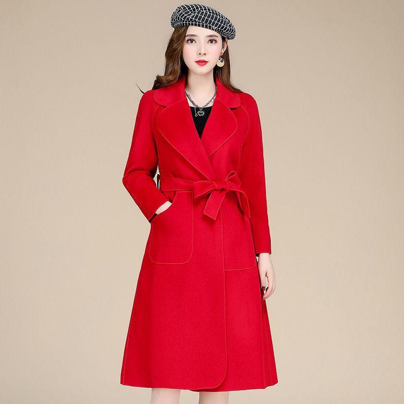 Women's Autumn and Winter Medium-length Temperament Loose Lacing Coat Solid Color Double-sided Velvet Coat