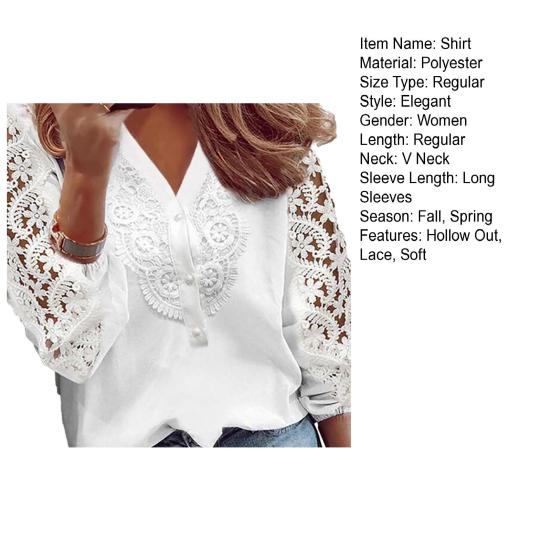 Women Spring Shirt V Neck Hollow Out Lace Patchwork Half Button Closure Solid Color Loose Long Sleeve Soft OL Commute Top