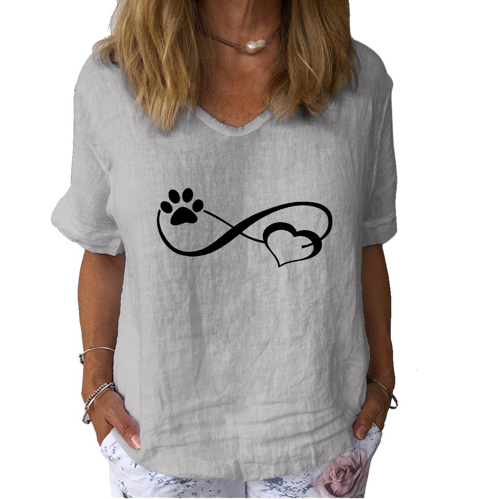 Women Fashion Cotton Linen T-shirt Casual V-neck Short Sleeve Top Ladies Print Tee Shirt