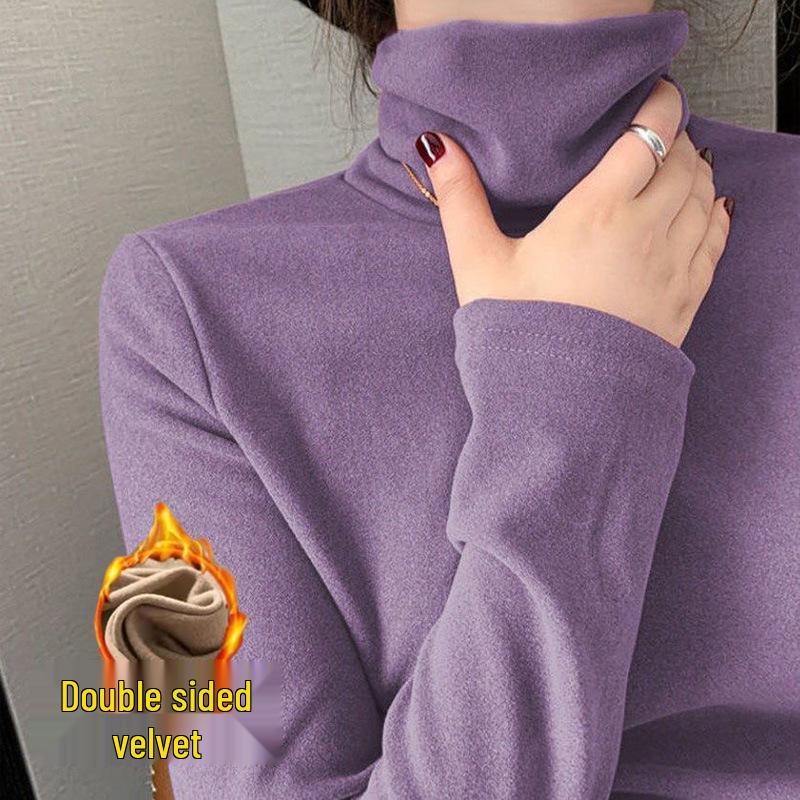 Женский бархатный топ с высоким воротом, двухсторонний теплый, с длинными рукавами - Осень и Зима, прилегающий к телу
