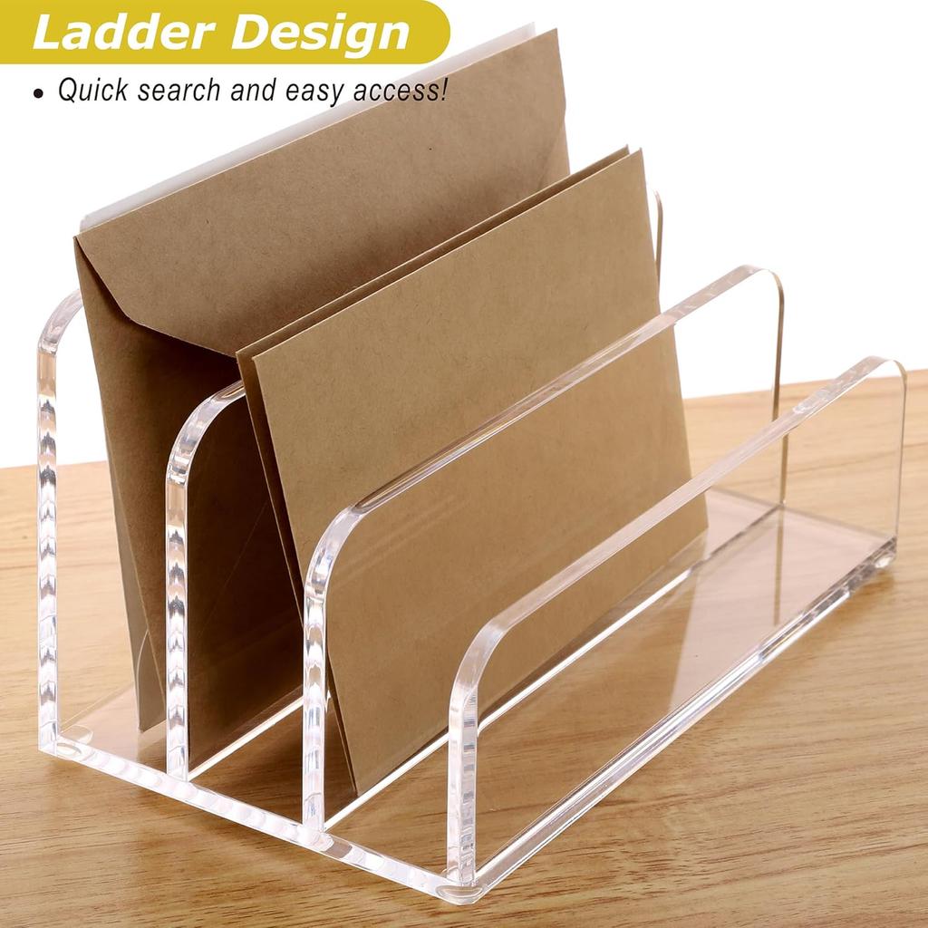 SANRUI Acrylic Mail File Organizer Sorters for Desk, 3 Upright Compartments Laddered Clear Desktop Vertical Letter Holder, Multifunction Envelope