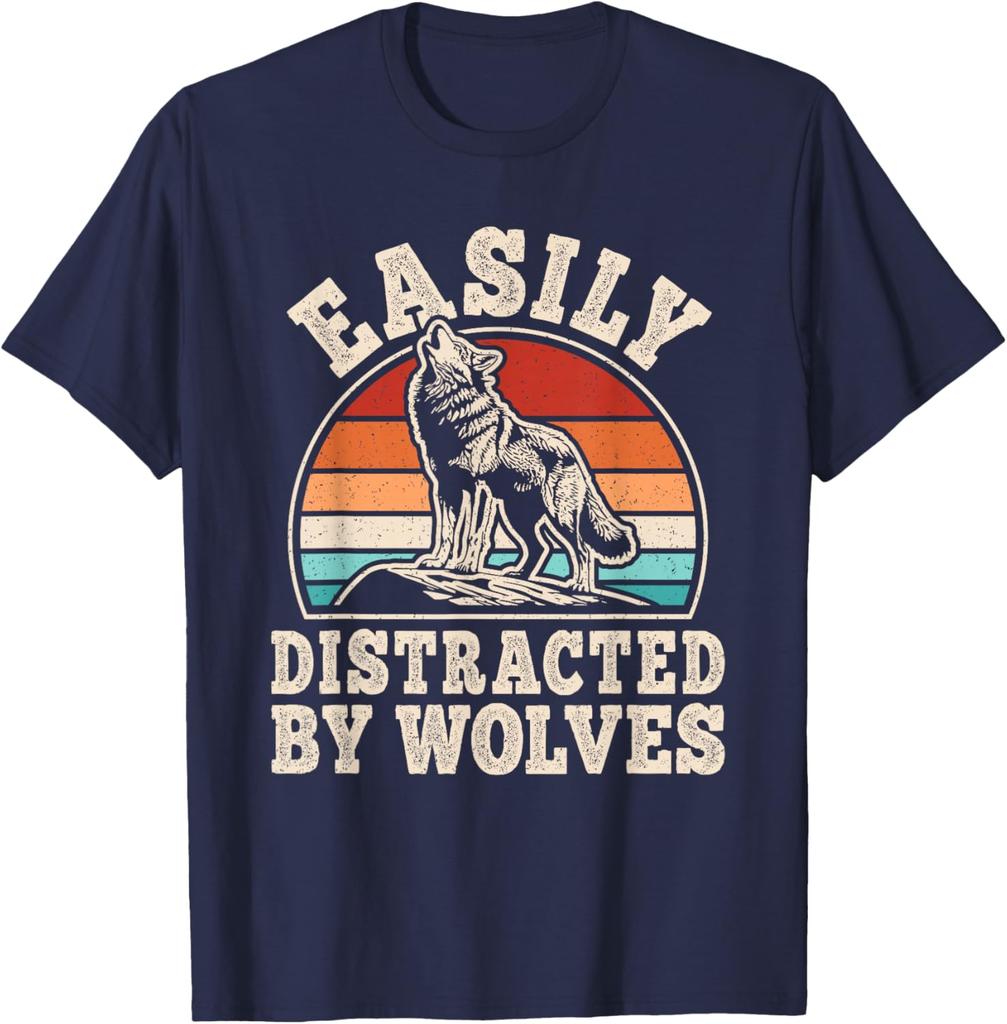 Easily Distracted By Wolves Retro Graphic T-Shirt Vintage Sunset Wolf Howling Print Casual Cotton Tee