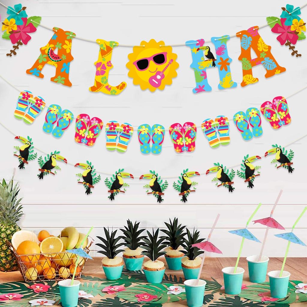 Summer Beach Party Decor Pineapple Flamingo Flower Banner Tropical Bird Aloha Sun Garlands Happy Hawaiian Party Decors Banner