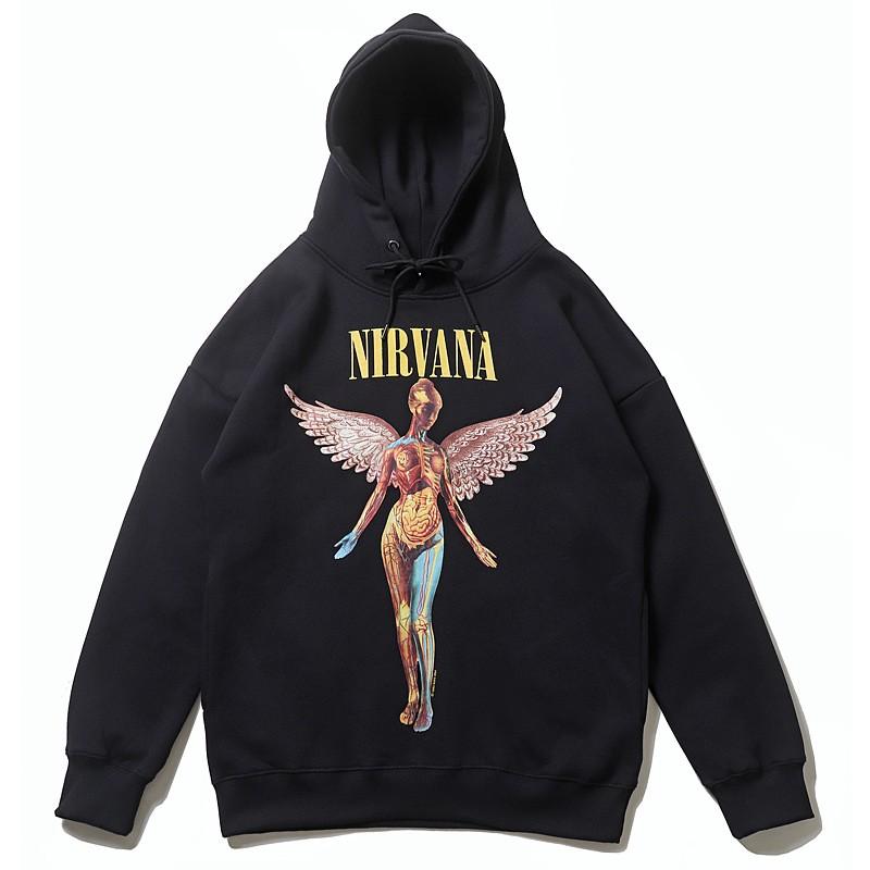 Unisex Oversized Hoodie With Nirvana Band Graphic Print Fleece-Lined Cotton Sweatshirt Winter Streetwear
