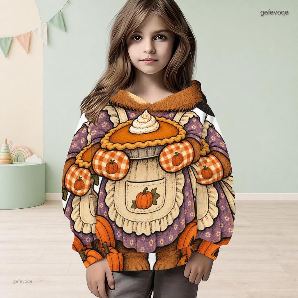 Girls Long Sleeve Hooded Sweatshirt Thanksgiving Pumpkin Pie Printed Pullover