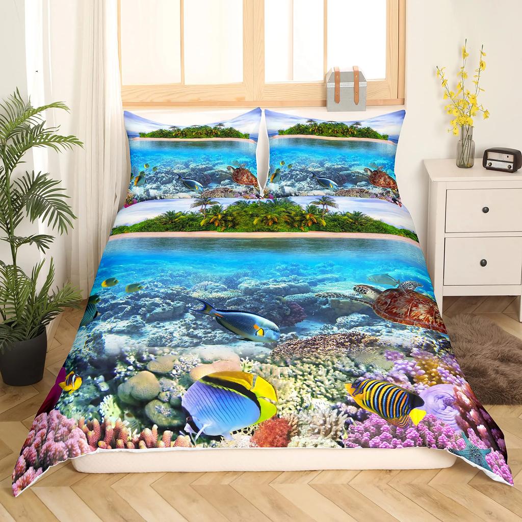 2/3pcs Fish Duvet Cover Set Ocean Bedding Sets 3D Printed Underwater World With Shark Dolphin Coral Reef Pattern Quilt Cover Set