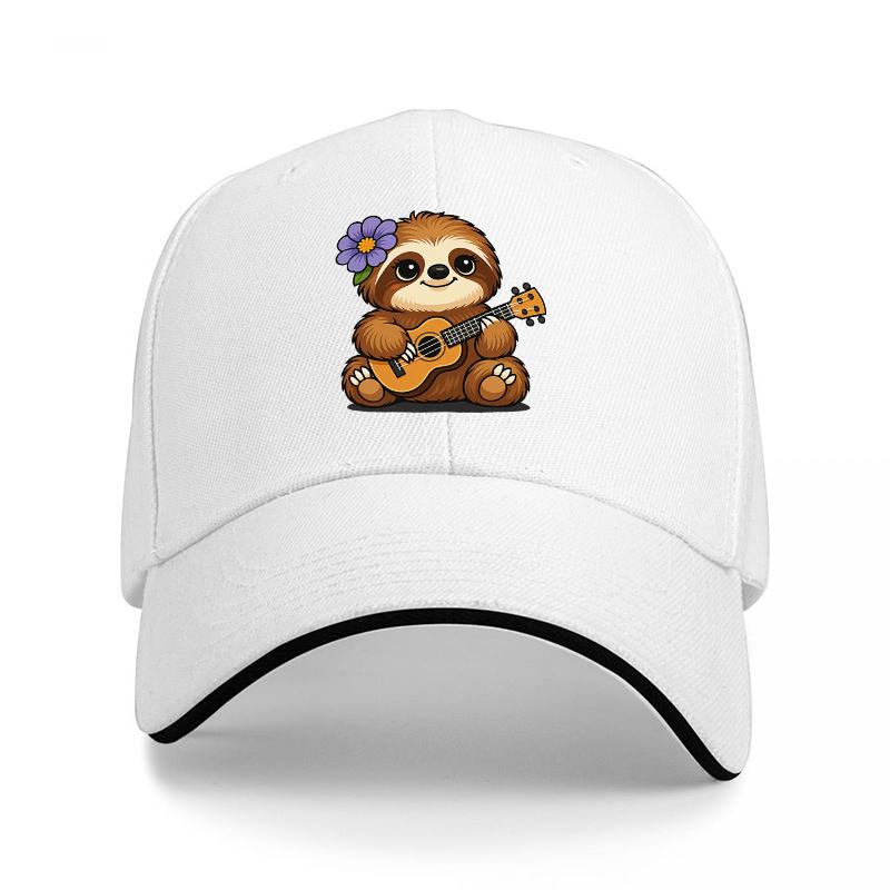 Sloth Playing Ukulele Baseball Cap with Floral Design Black Adjustable Hat for Music Lovers and Nature Enthusiasts