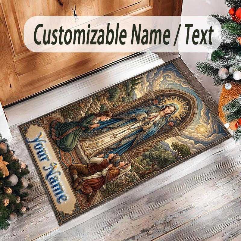 Virgin Mary Theme Crystal Velvet Rug Personalized Custom Name Text Soft Floor Mat Home Decor