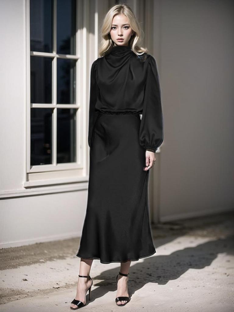 Elegant Women's 2025 Autumn Satin Long Sleeve Evening Dress