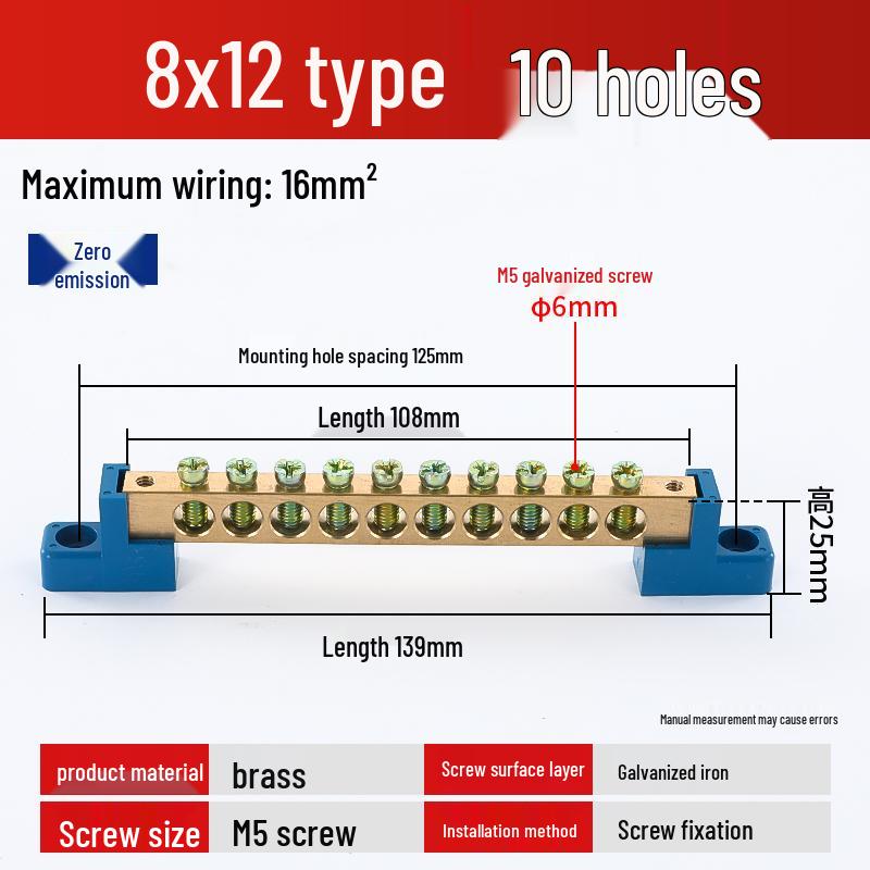 Neutral Copper Busbar 8*12 with 4/6/8/10 Holes for High Current Server Room Grounding Terminal