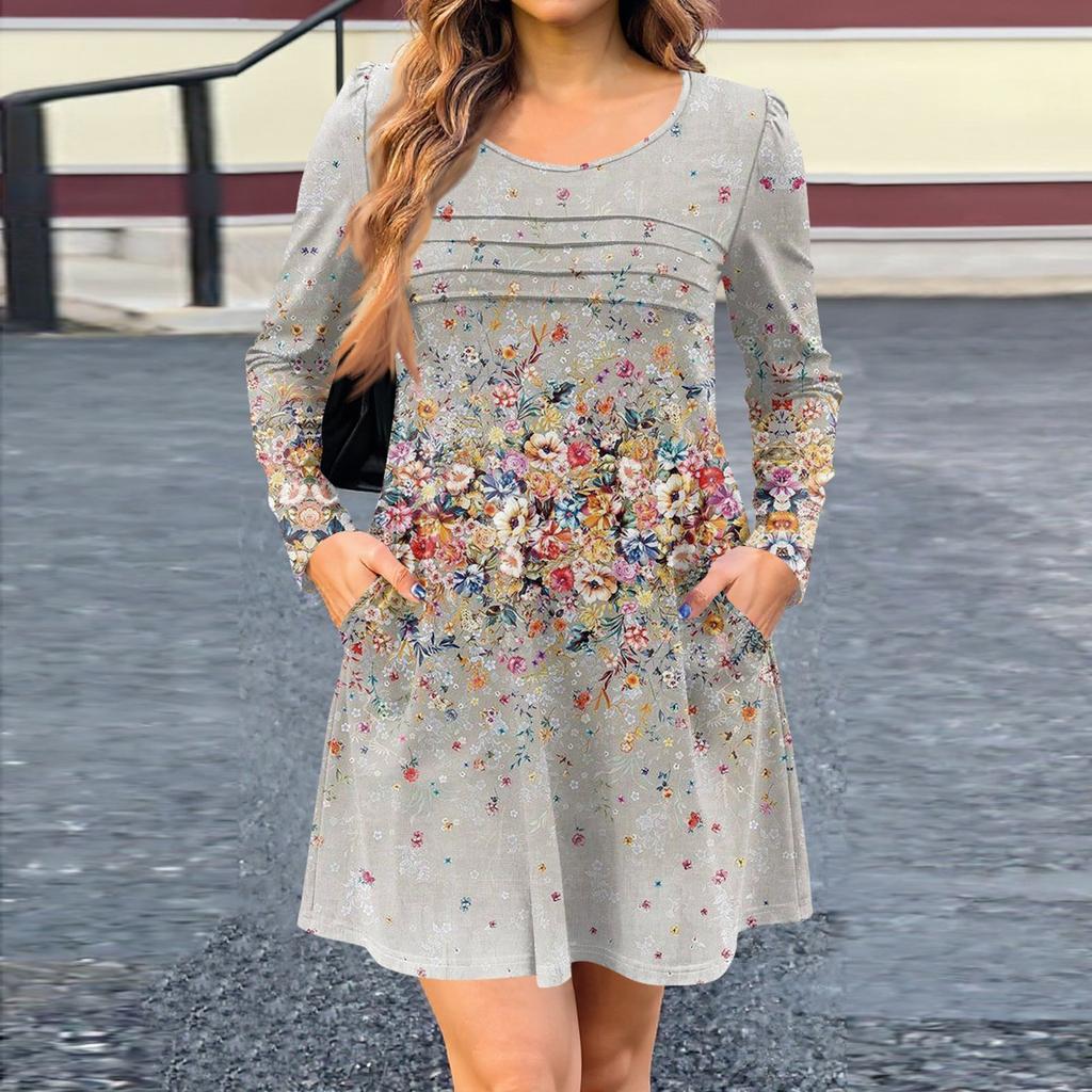 Женское платье с длинным рукавом, осеннее повседневное, футболка, свободного кроя, с плиссировкой спереди, платья с карманами